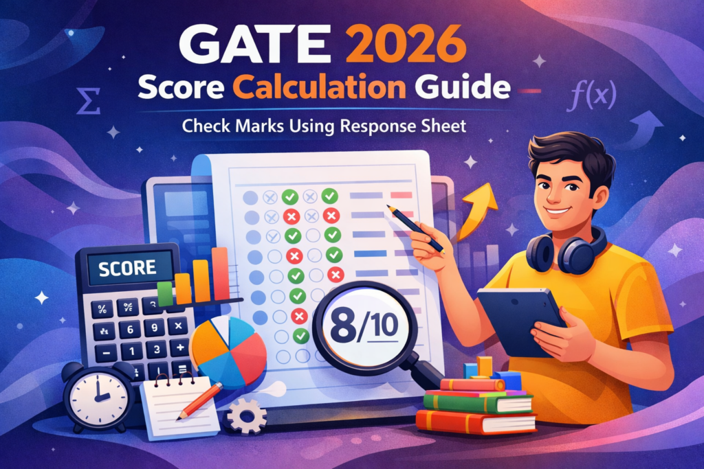 Illustration of a student calculating GATE 2026 score using response sheet with calculator, charts, and marked answers on screen.
