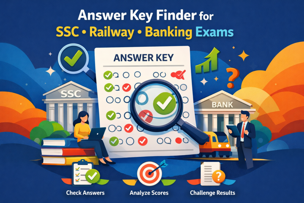 Modern colorful illustration of an answer key sheet with magnifying glass and exam icons representing SSC, Railway, and Banking exam score analysis and answer verification process