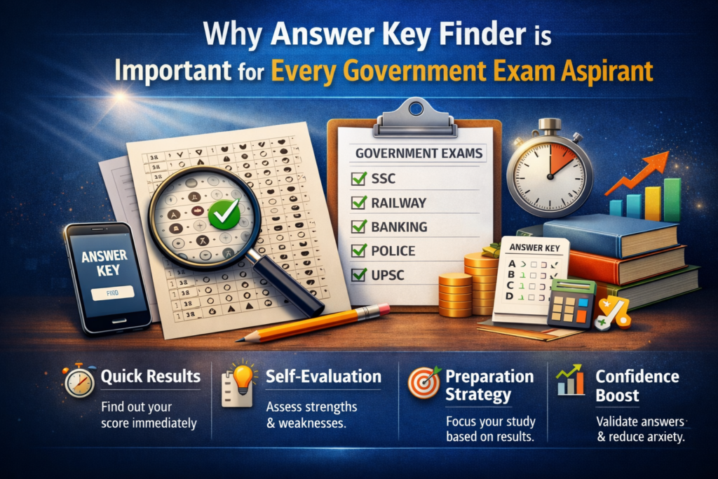 A student sitting at a desk using a laptop to find an official answer key for a government competitive exam