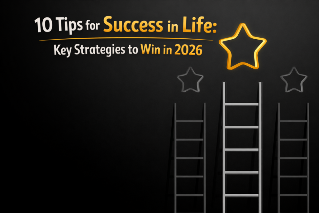 A clean modern desk with a notebook, laptop, and coffee cup representing 10 tips for success in life and career growth in 2026.