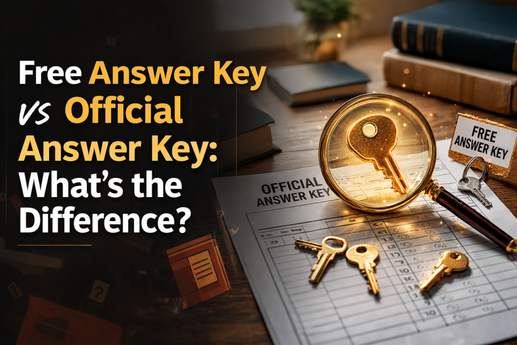 A student comparing a free answer key PDF with an official answer key on a desk with books and a laptop